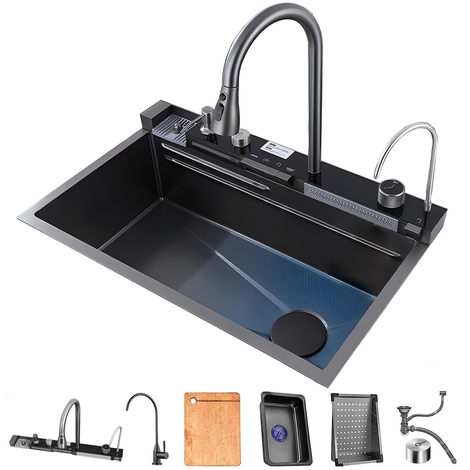 Évier de cuisine Noir à cascade en acier inoxydable, évier de poste de travail Nano avec affichage numérique, robinet extractible, évier de cuisine à encastrer avec accessoires