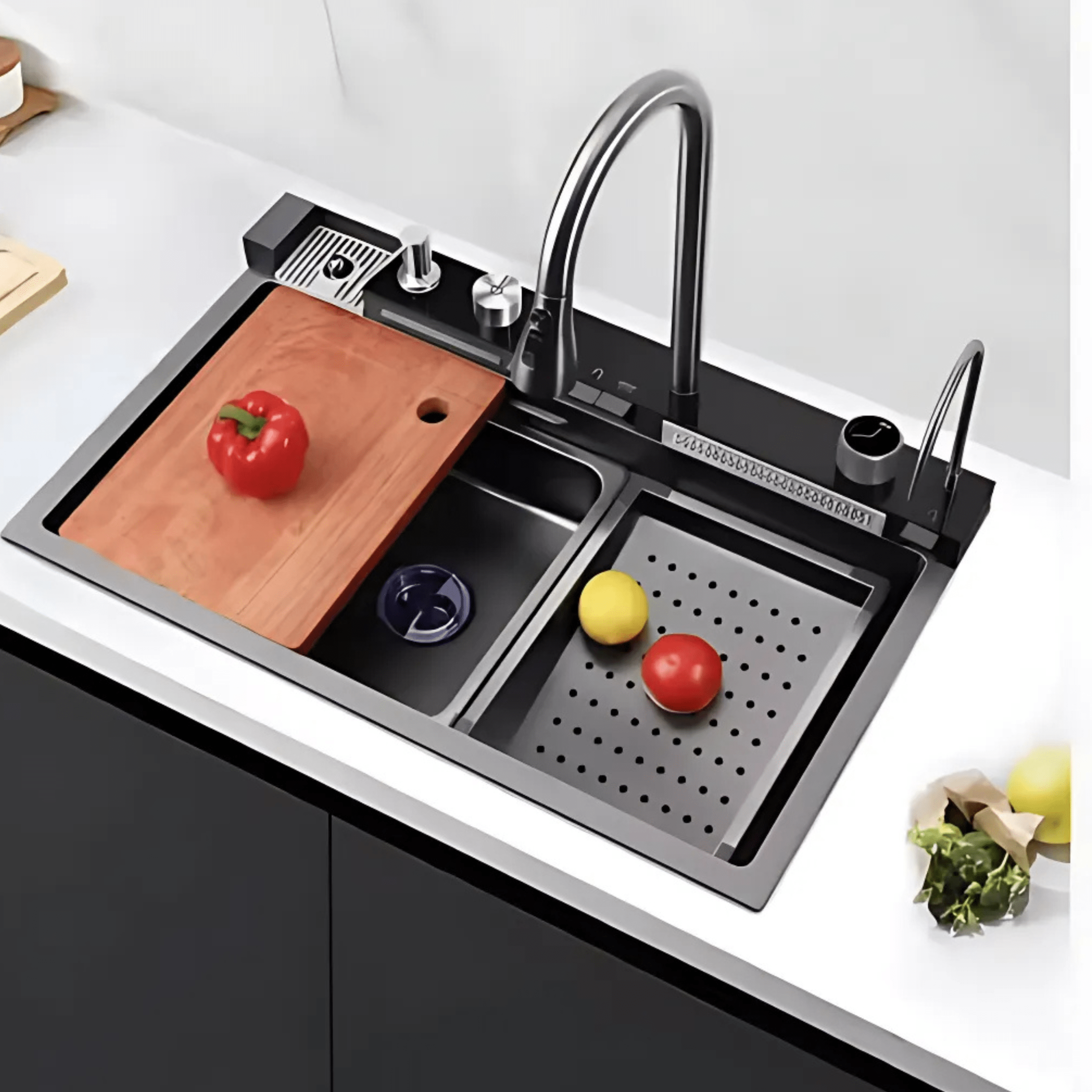 Image de Évier de cuisine Noir à cascade en acier inoxydable, évier de poste de travail Nano avec affichage numérique, robinet extractible, évier de cuisine à encastrer avec accessoires - Unbranded