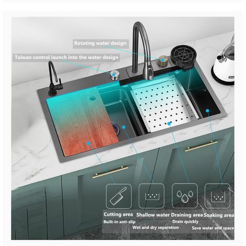 Image de Ferri Evier cuisine noir avec mitigeur (60/45 cm) en inox handmade - Unbranded