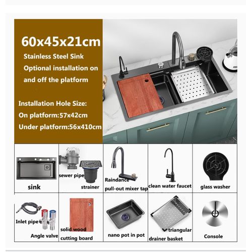 Image de Ferri Evier cuisine noir avec mitigeur (60/45 cm) en inox handmade - Unbranded