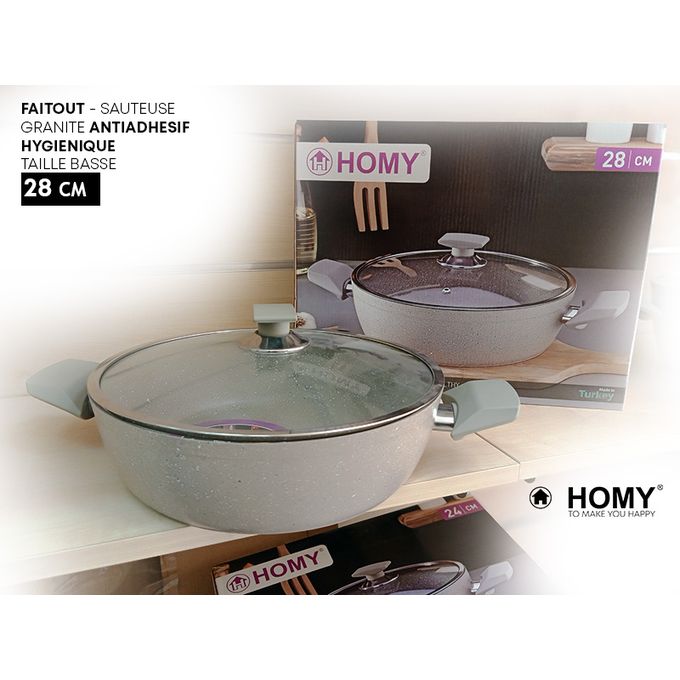 Image de Homy Marmite Sauteuse en Granit 28cm Antiadhésive + Couvercle en Verre Trempé - Poêle à Induction