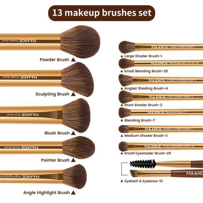 Image de Lot de 13 pinceaux de maquillage avec 2 houppettes et un sac - Café doré - Unbranded