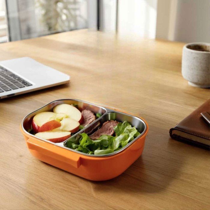 Image de Lunch box à deux compartiments en inox avec cuillère – Idéal école &amp; travail HAVE NICE DAY