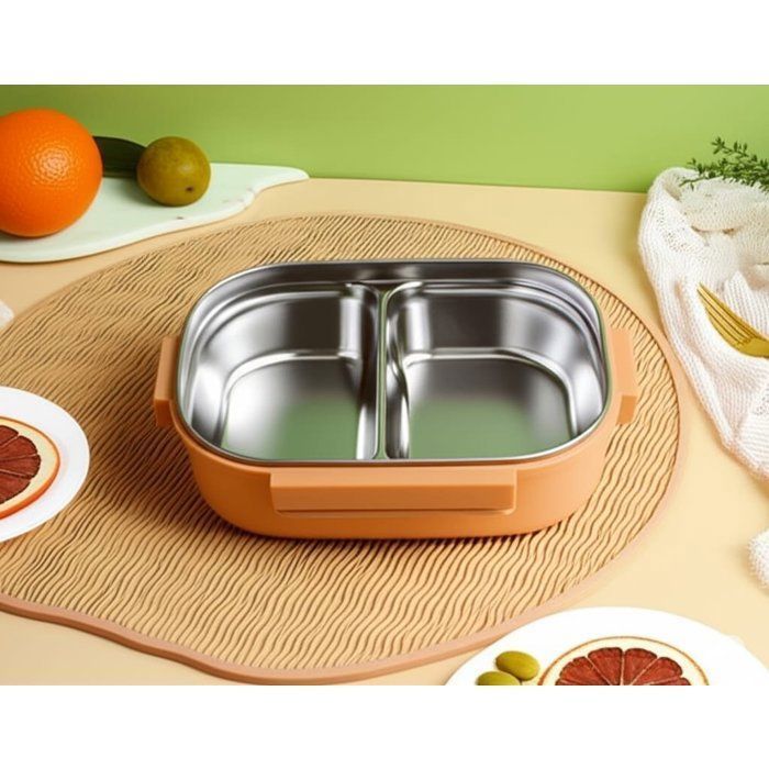 Image de Lunch box à deux compartiments en inox avec cuillère – Idéal école &amp; travail HAVE NICE DAY