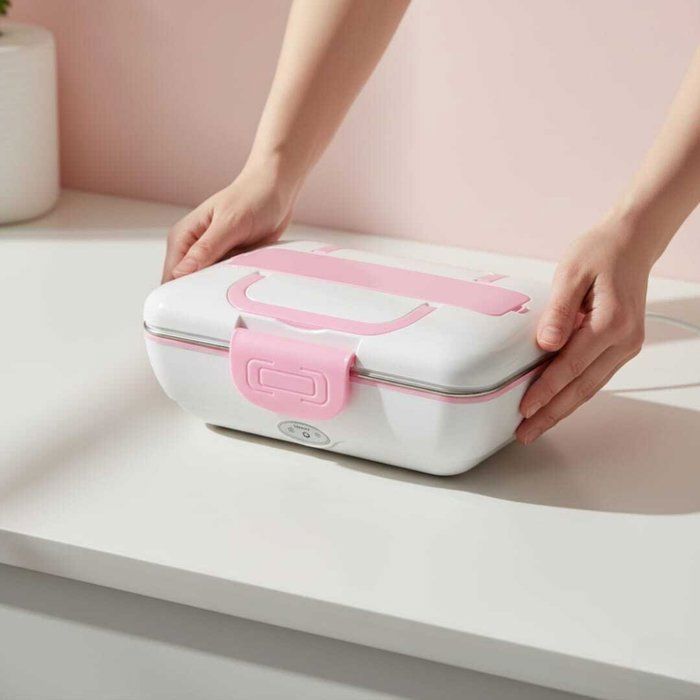 Image de Lunch Box Chauffante Électrique - Inox Amovible - 3 Compartiments - 1,2L - Rose et Blanc