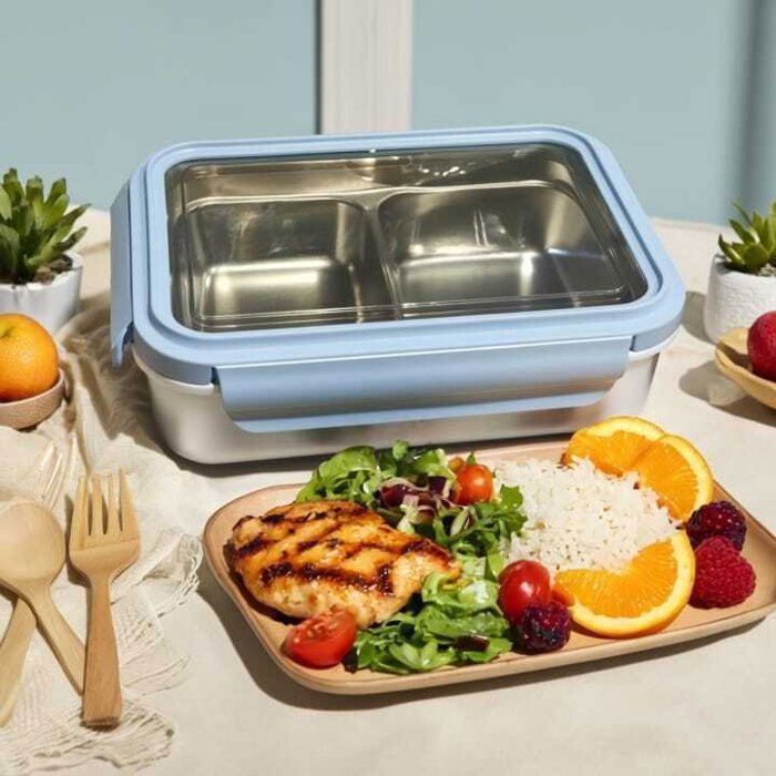 Image de Lunch Box Isotherme - 2 Compartiments + Cuillère plastique alimentaire – Parfait pour l'École et comptine -22cm/15cm-couleur BLEU