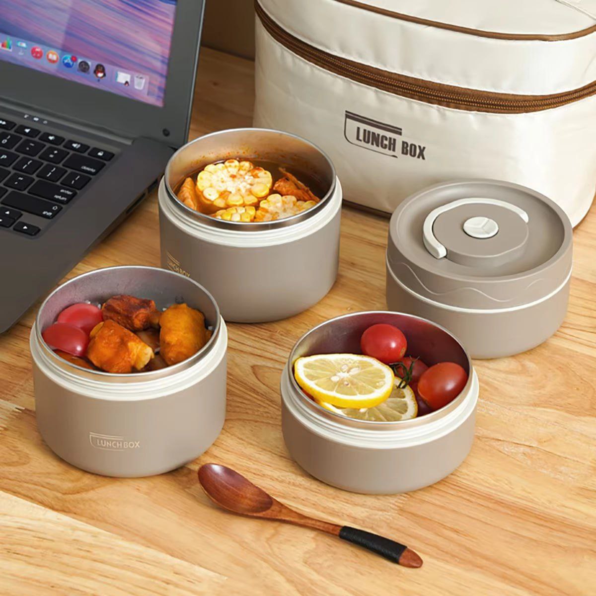 Lunch Box isotherme portable en acier inoxydable, 4 récipients isothermes pour repas avec sac