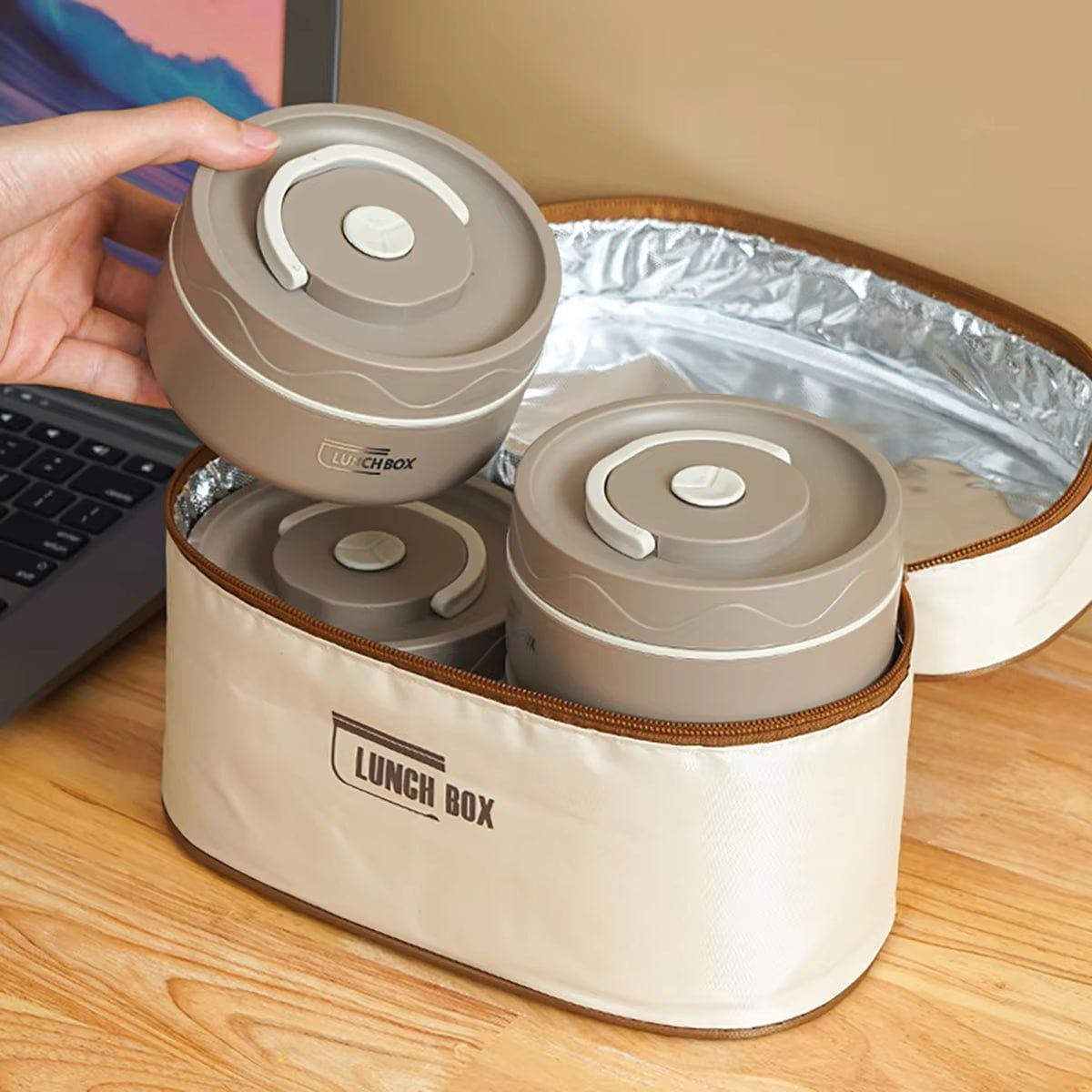 Image de Lunch Box isotherme portable en acier inoxydable, 4 récipients isothermes pour repas avec sac