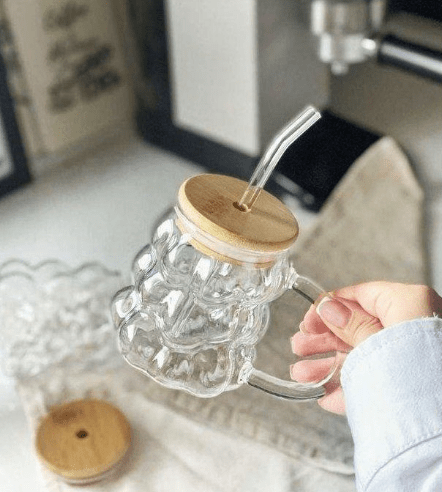 Mug - Verre - 400 Ml - Couvercle en bois - Paille en verre - Résistant aux chocs thermiques