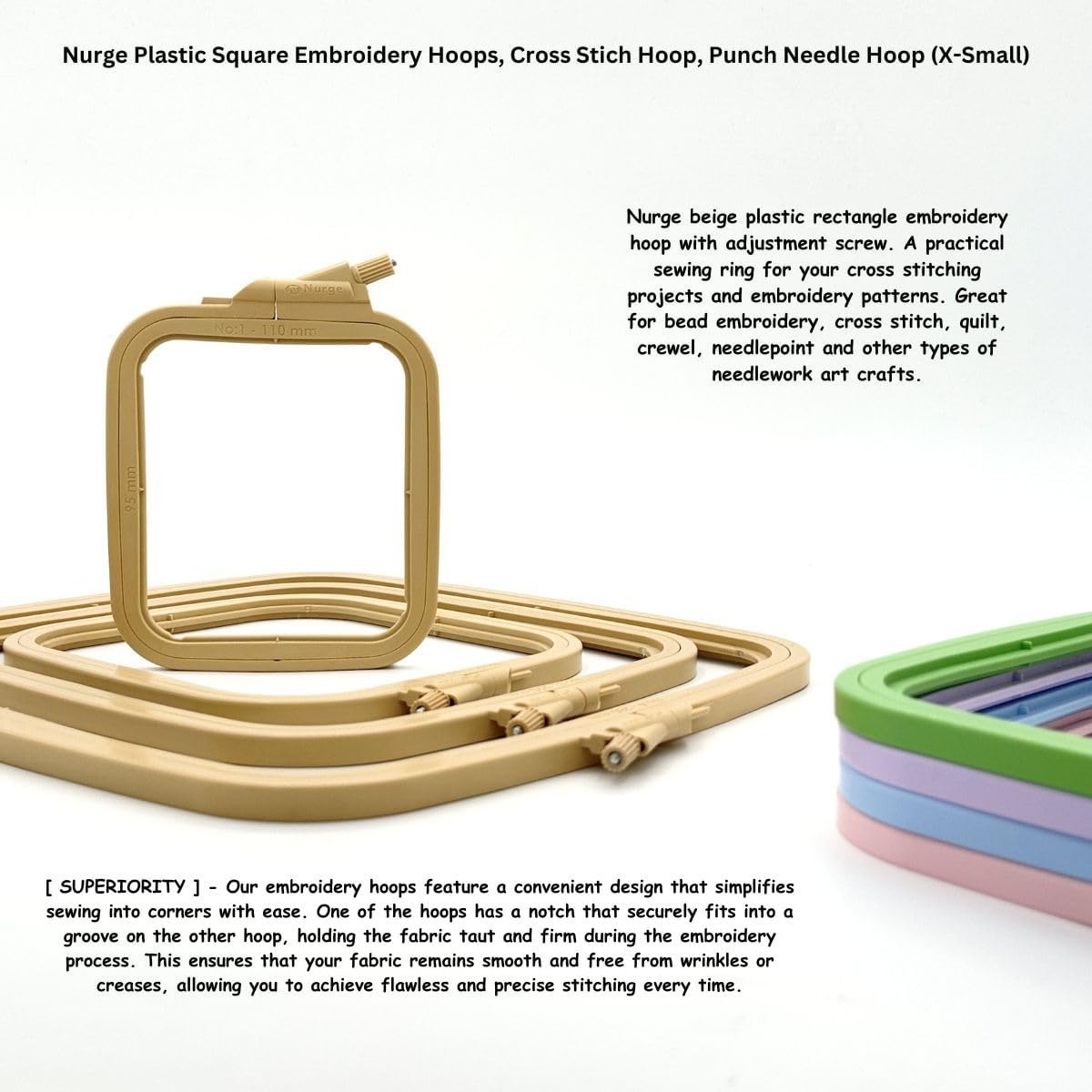 Image de Nurge Beige X-Small (No:1) Cercle à broder carré en plastique, cerceaux de point de croix, cerceau à aiguille perforée, couture artisanale DIY, cerceaux à broder en plastique ABS - Unbranded