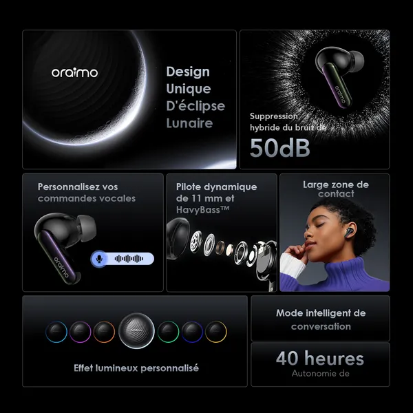 Oraimo SpaceBuds, Écouteurs ANC 50dB, Réduction de Bruit, Commandes Vocales