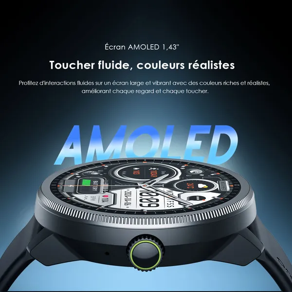oraimo Watch 5R Pro AMOLED 1,43" Montre intelligente IP68 à interface flottante 2.5D