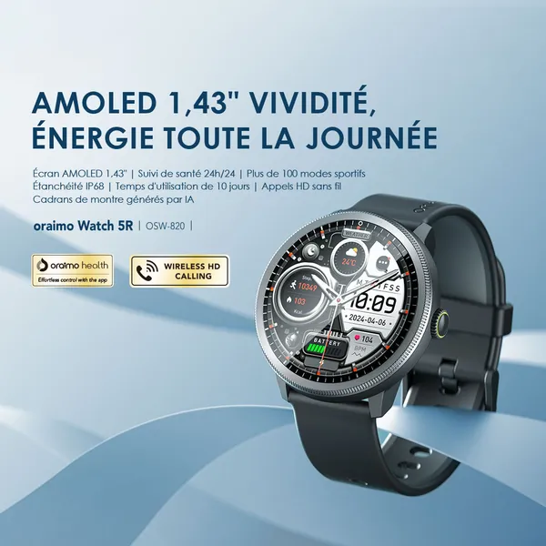 oraimo Watch 5R Pro AMOLED 1,43" Montre intelligente IP68 à interface flottante 2.5D