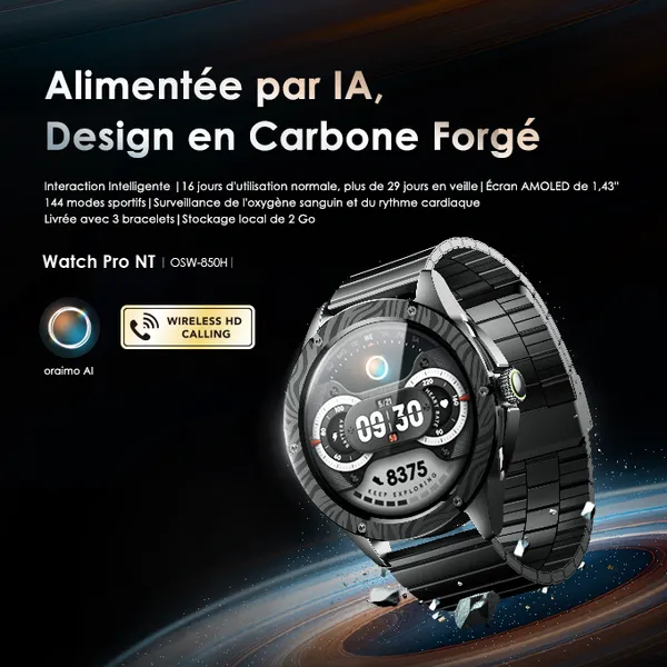 oraimo Watch Pro NT Montre intelligente alimentée par l'IA AMOLED de 1,43 pouces