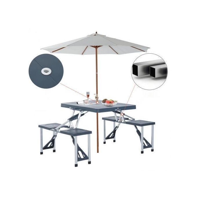 Outdoor Gear Table de camping portable pour pique-nique ou plage avec 4 sièges et trou pour parasol