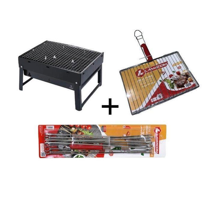 Pack Barbecue pliable à charbon 34/26cm + Grille Viande manche inox 34/23cm