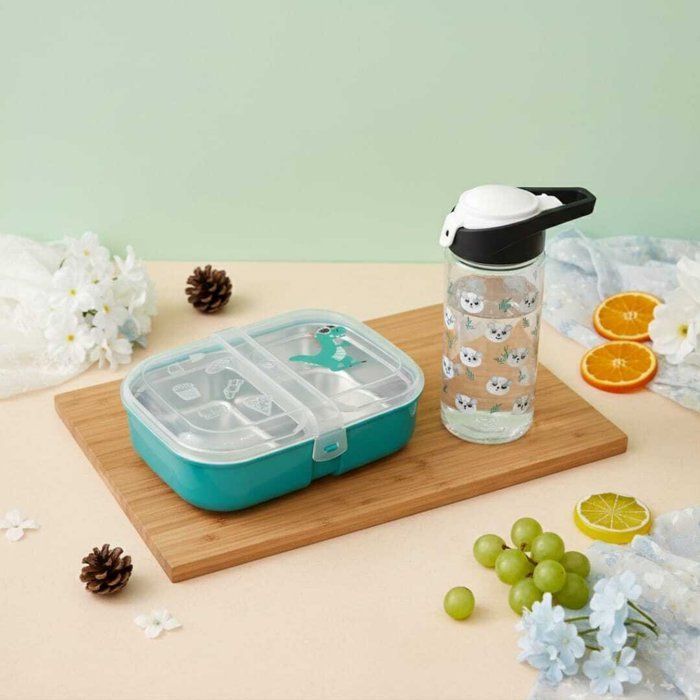 Image de Pack Lunch box +gourde 500ml en plastique alimentaire sans BPA deux compartiments en inox -3 couverts