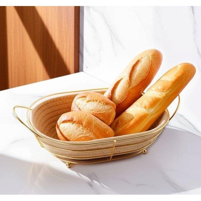 Panier à pain doré avec doublure en tissu – Panier en métal ovale pour pain