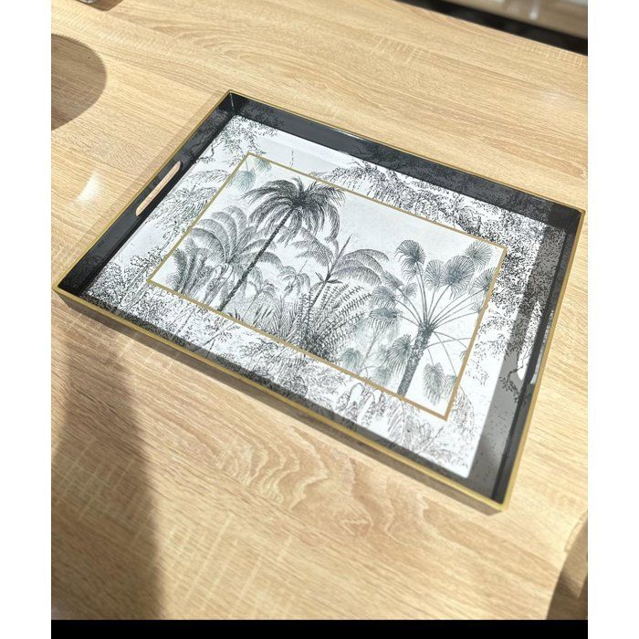 Image de Plateau - Bois - Rectangulaire - 48 cm x 38 cm - Lignes dorées - Motif palmier noir - Unbranded