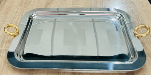 PLATEAU EN INOX SEDEN EN INOX ANSES DOREES GM 18 CARATS COULEUR ARGENTE 47CM/34,5CM