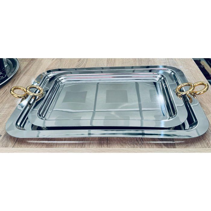 PLATEAU EN INOX SEDEN EN INOX ANSES DOREES MM 18 CARATS COULEUR ARGENTE 39CM/28CM