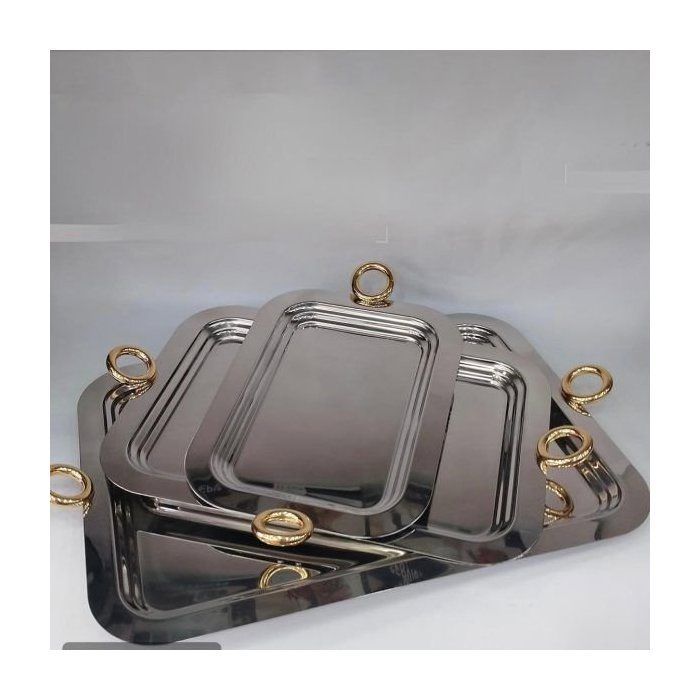 Image de PLATEAU EN INOX SEDEN EN INOX ANSES DOREES MM 18 CARATS COULEUR ARGENTE 39CM/28CM - Unbranded