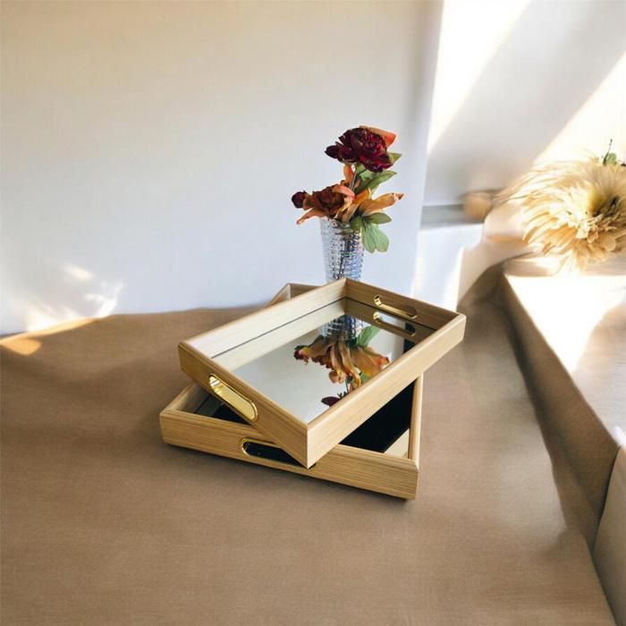 Plateaux en bambou - Ensemble 2 plateaux - Détails dorés - Rectangulaires - Pratiques