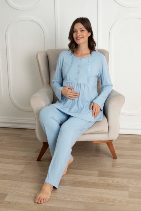 Pyjama grossesse et allaitement avec peignoir bleu