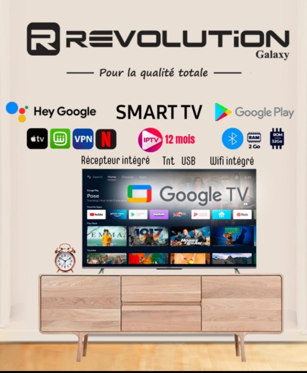 Image de REVOLUTION 32 Smart TV Android Officiel HD Récepteur Intégré + TNT + HDMI + USB, Support Mural