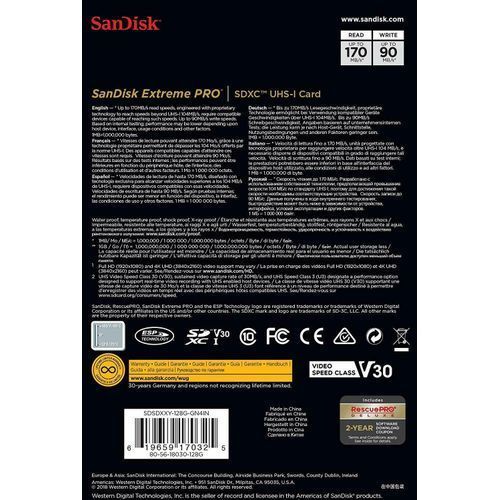 Image de Sandisk Carte mémoire SDXC Extreme PRO 128Gb jusqu'à 170 Mo / s, classe 10, U3, V30 - Unbranded