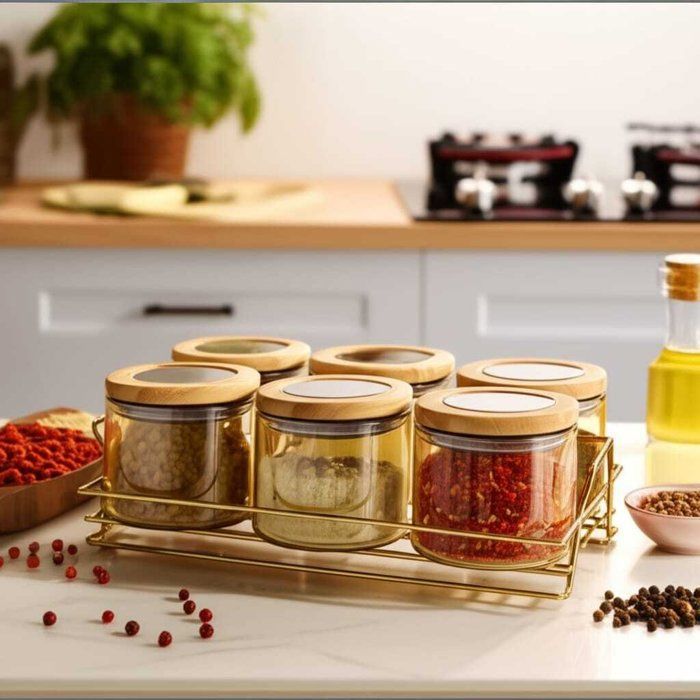 Set de 6 bocaux en verre ambré avec couvercles en bois + support doré