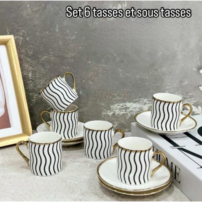 Set de 6 tasses à café - MARQUE - Porcelaine fine - Détails noirs - Motifs aléatoires - Accessoires de cuisine
