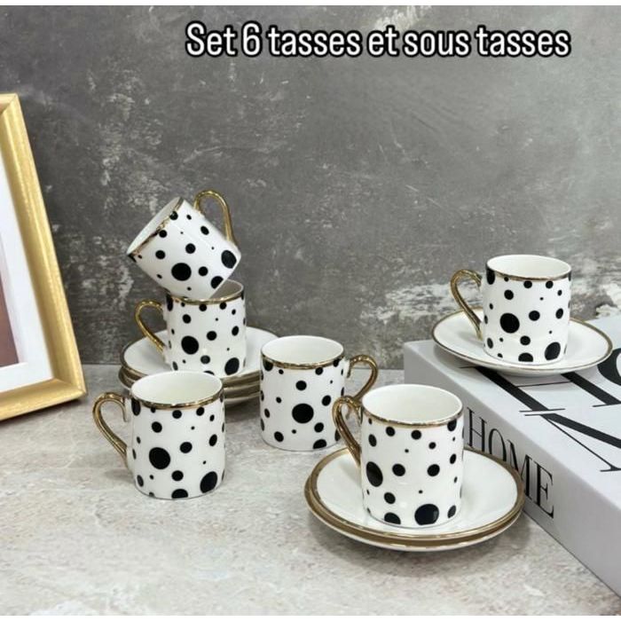 Image de Set de 6 tasses à café - MARQUE - Porcelaine fine - Détails noirs - Motifs aléatoires - Accessoires de cuisine - Unbranded