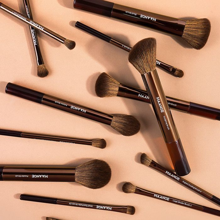 Set de pinceaux de maquillage - Maange - 13 pièces - Marron foncé - Comprend 2 éponges - Sac inclus