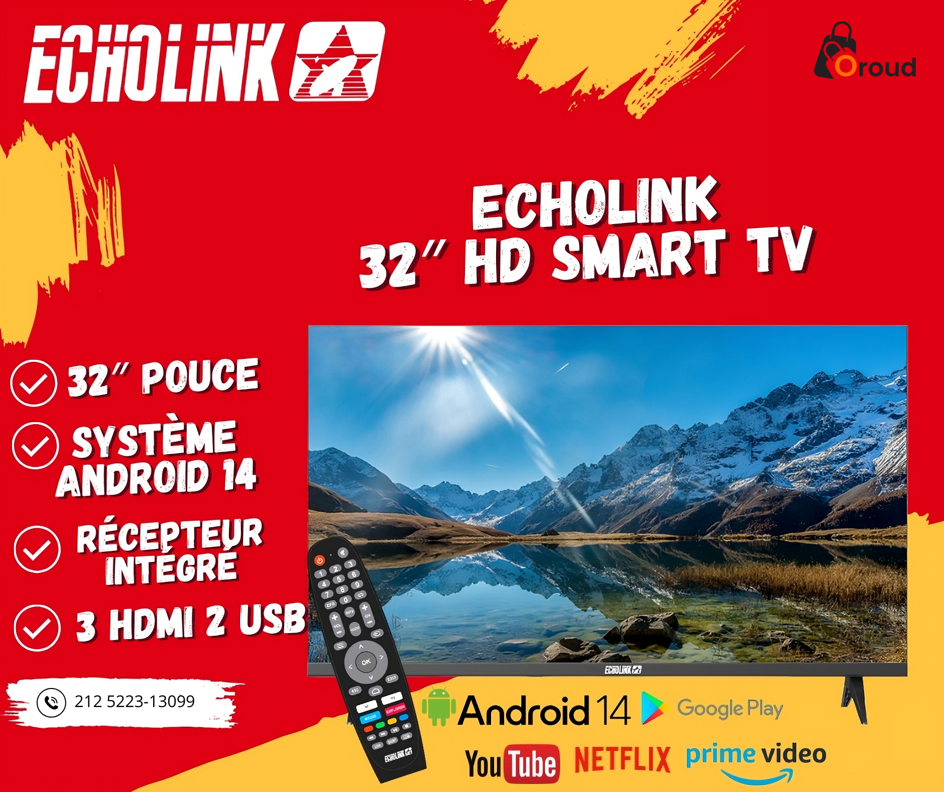 Image de Smart TV 32″ – ECHOLINK – Android 14 – HD Ready – Récepteur Intégré – 3 HDMI Ports
