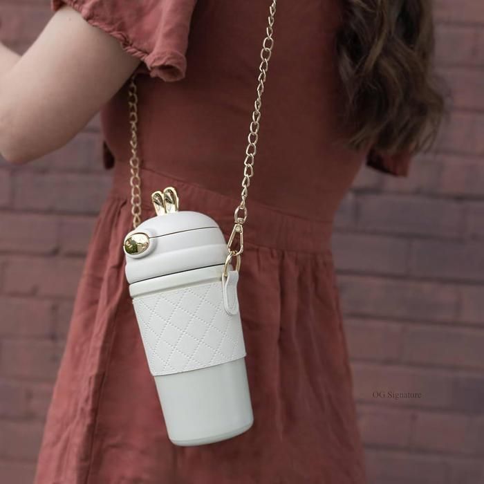 Image de Tasse thermos en acier inoxydable avec paille rebondisnoyaux, tasse en forme de lapin mignon, Couleur beige 400ml - Unbranded