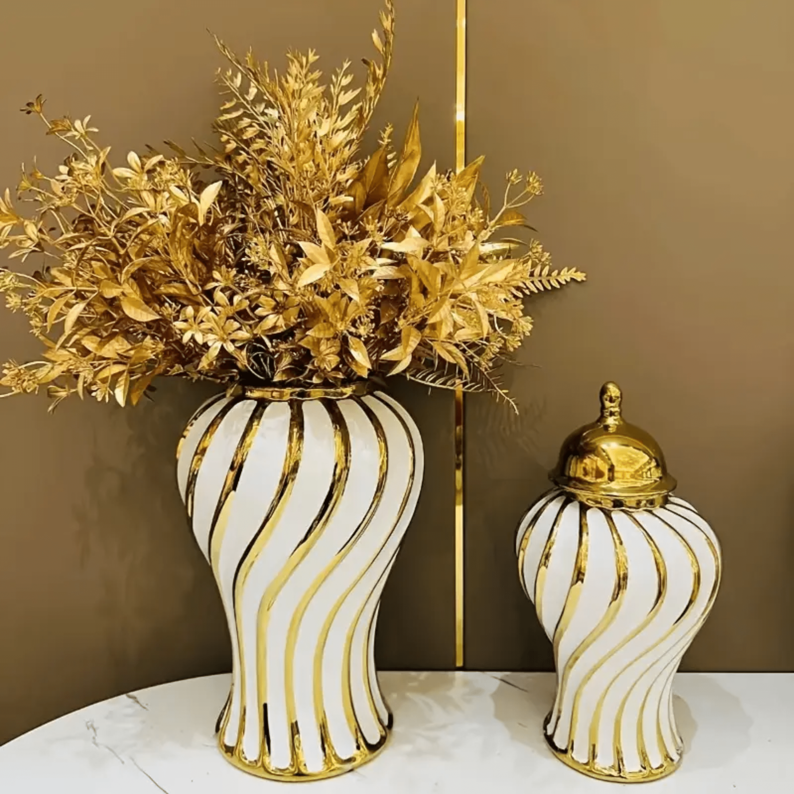 Vase de jarre en Céramique Doré et Blanc