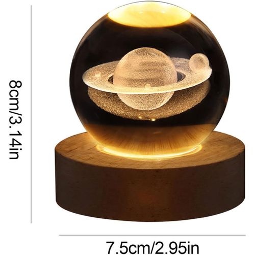 Veilleuse en cristal 3D – Planète Saturne illuminée avec socle en bois, déco astronomie