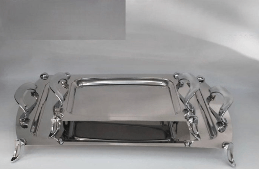 2 PLATEAUX ANSES ARGENTEES A PIED GM 47CM,34,5 MM 30,5/22CM