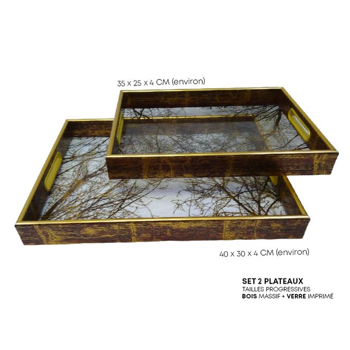 2 Plateaux de Service en Bois et Verre Imprimé, Élégance Praticité Deco Design Table Basse Bureau