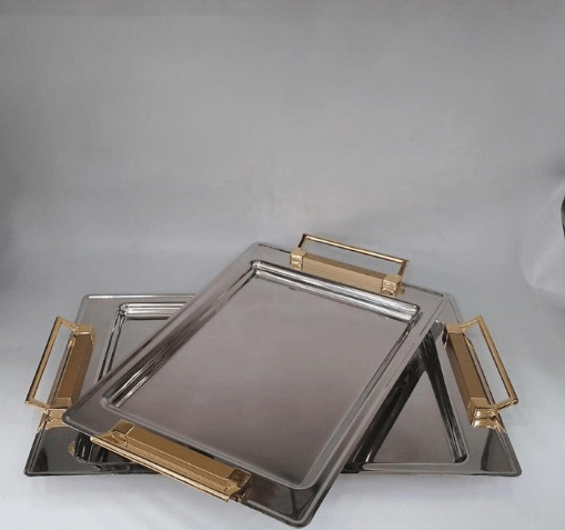 2 SET DE PLATEAUX ARGENTE ET POIGNEE DORE RECTANGULAIRES 48/31,5CM PM 41,5/28CM