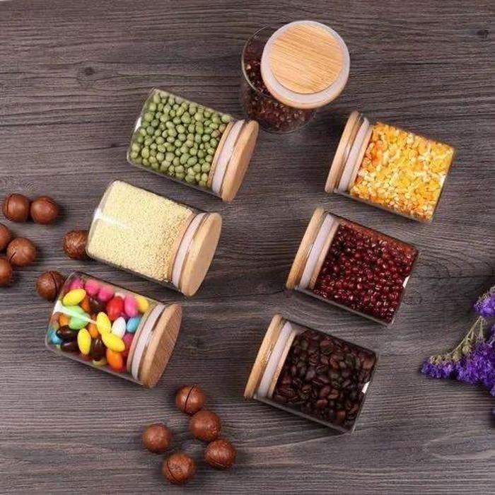 4 bocaux de stockage -pour épices - 350ml - Verre résistant - Couvercles en bambou - Cuillères en bois