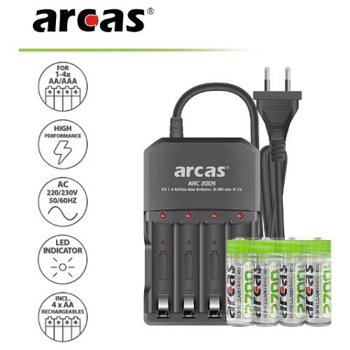 Arcas Chargeur de 4piles AA ou AAA - 4 LED + 4 piles AA 2700mAh, Piles Rechargeables 2700mah