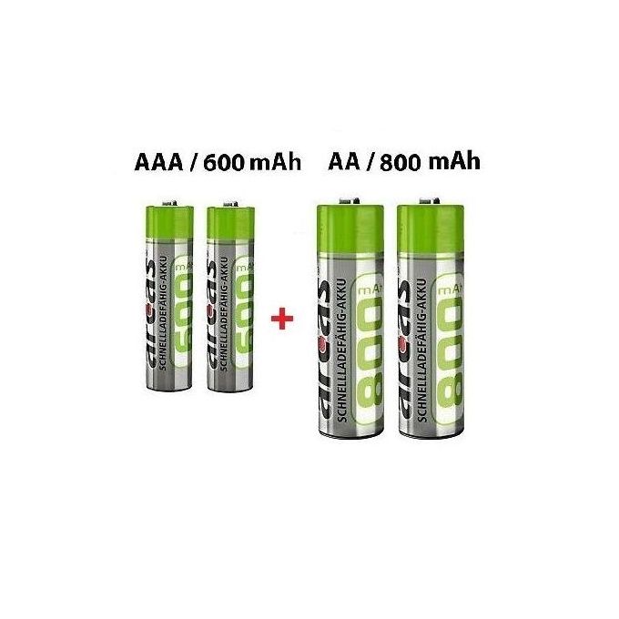 Arcas Lot de 4 Piles rechargeables // 2 unités 600 mAh AAA et 2 unités 800 mAh AA