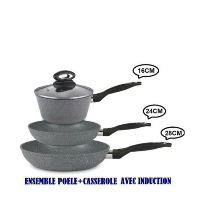 Batterie de cuisine - 28cm, 24cm, 16cm - Antiadhésif - Aluminium forgé - Compatible induction
