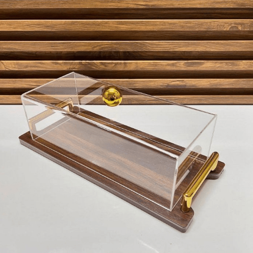 CLOCHE A GATEAU EN BOIS AVEC DÉTAIL DORÉ INOXYDABLE ET COUVERCLE EN PLEXIGLAS 30cm/10cm