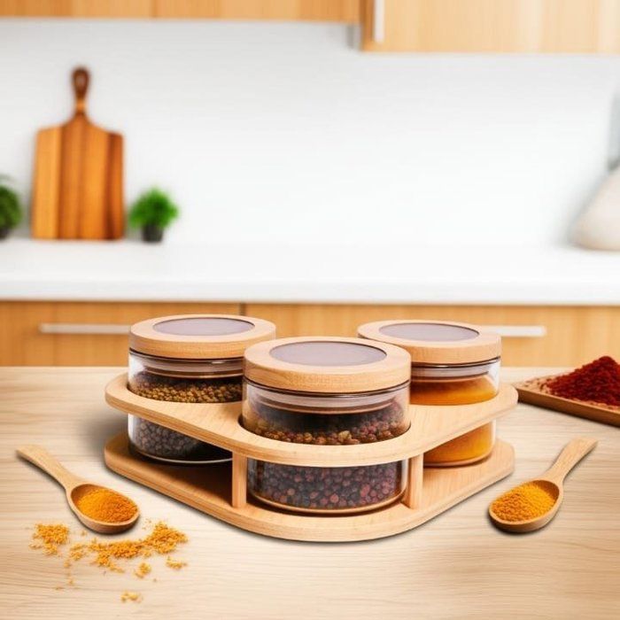 Ensemble élégant de 3 bocaux en verre avec couvercles en bois et support incliné en bois