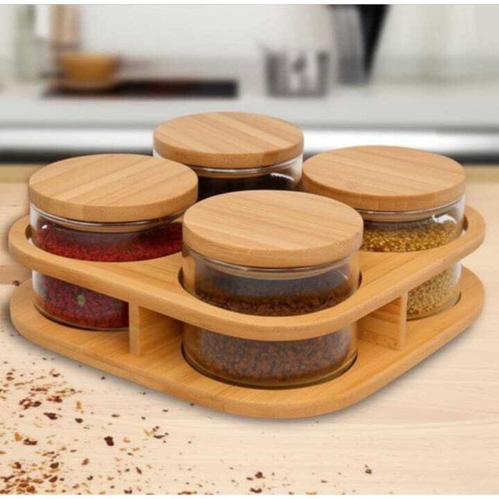 Ensemble élégant de 4 bocaux en verre avec couvercles en bois et support incliné en bois