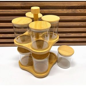 Ensemble Exclusif de 8 Bocaux en Verre avec Support Rotatif en Bambou