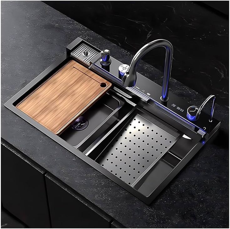 évier de cuisine moderne en acier inoxydable noir élégant avec accessoires